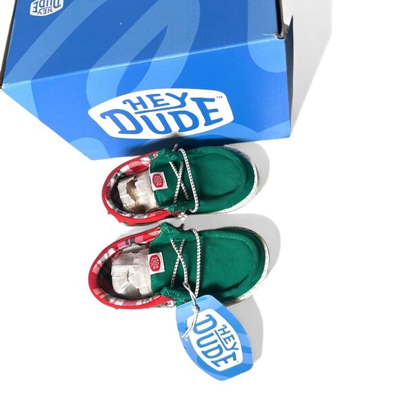 Hey Dude Wally T Holiday Elf Toddler Shoes C8 Green Red Christmas Slip On Lightw - Picture 9 of 15